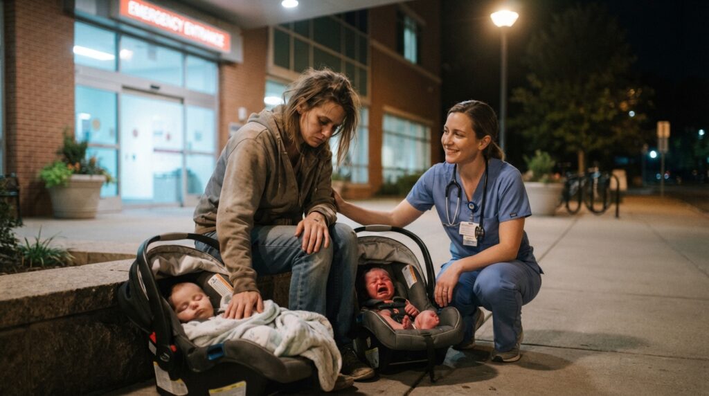 stranded mother with twins